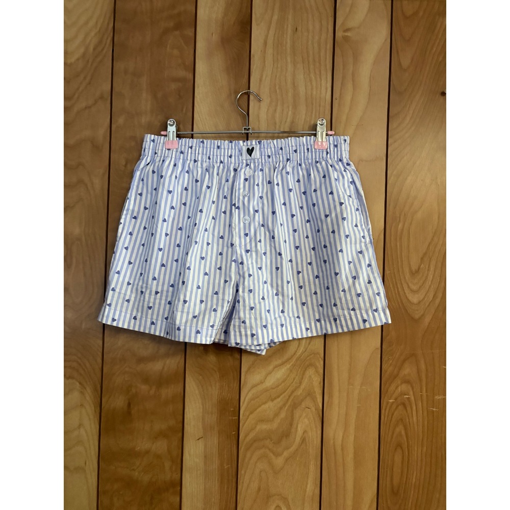 Better Together Dreamy Nights Blue White Striped Heart Pajama Shorts Medium